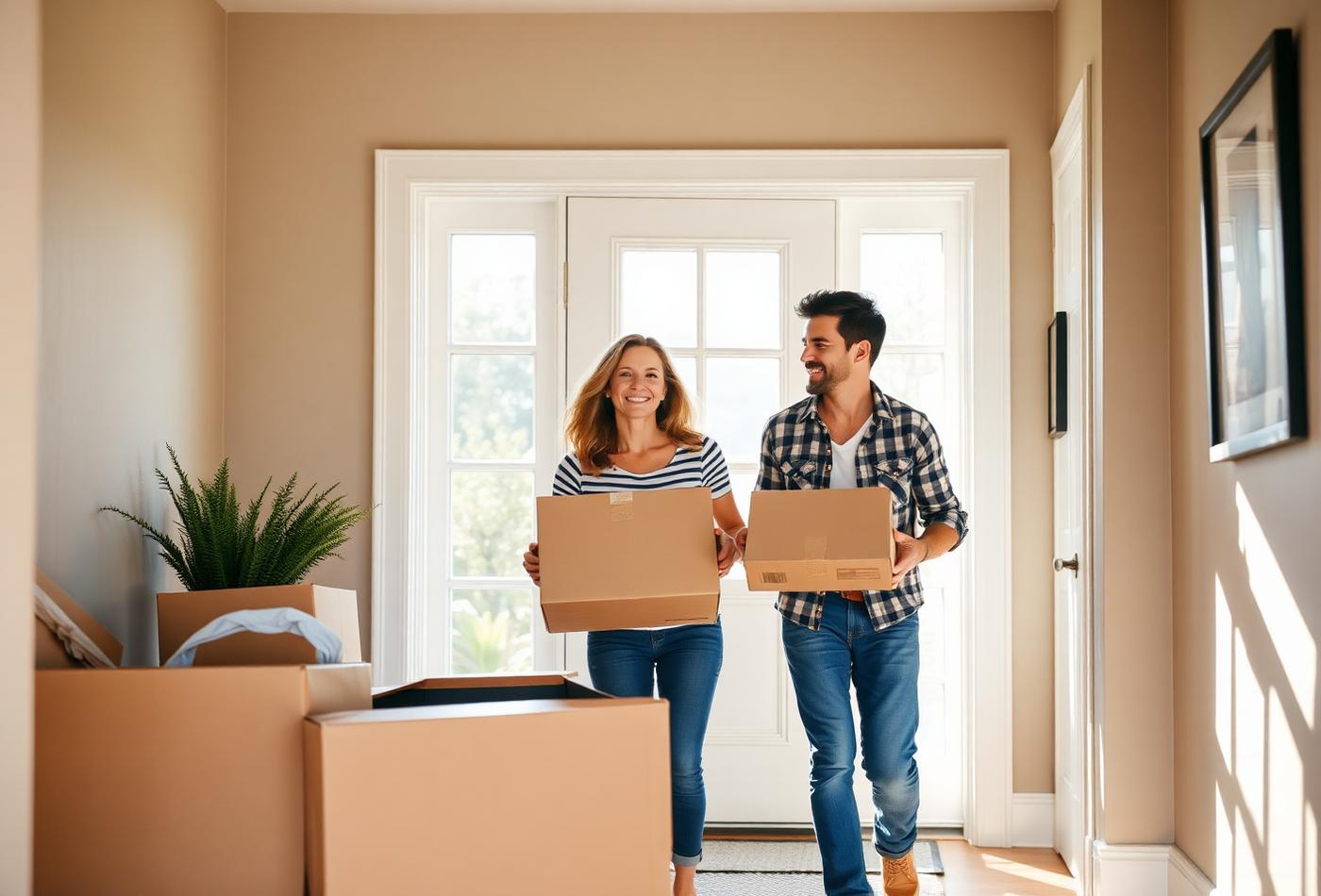 Family moving boxes into a new home before setting up electricity and gas service